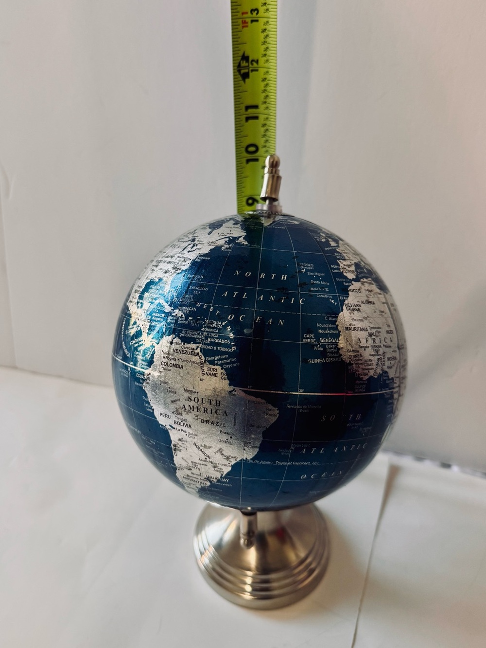 Blue Metallic World Globe Desk Decor with Metal Stand 13 Inch Rotating Earth Map - Picture 6 of 7